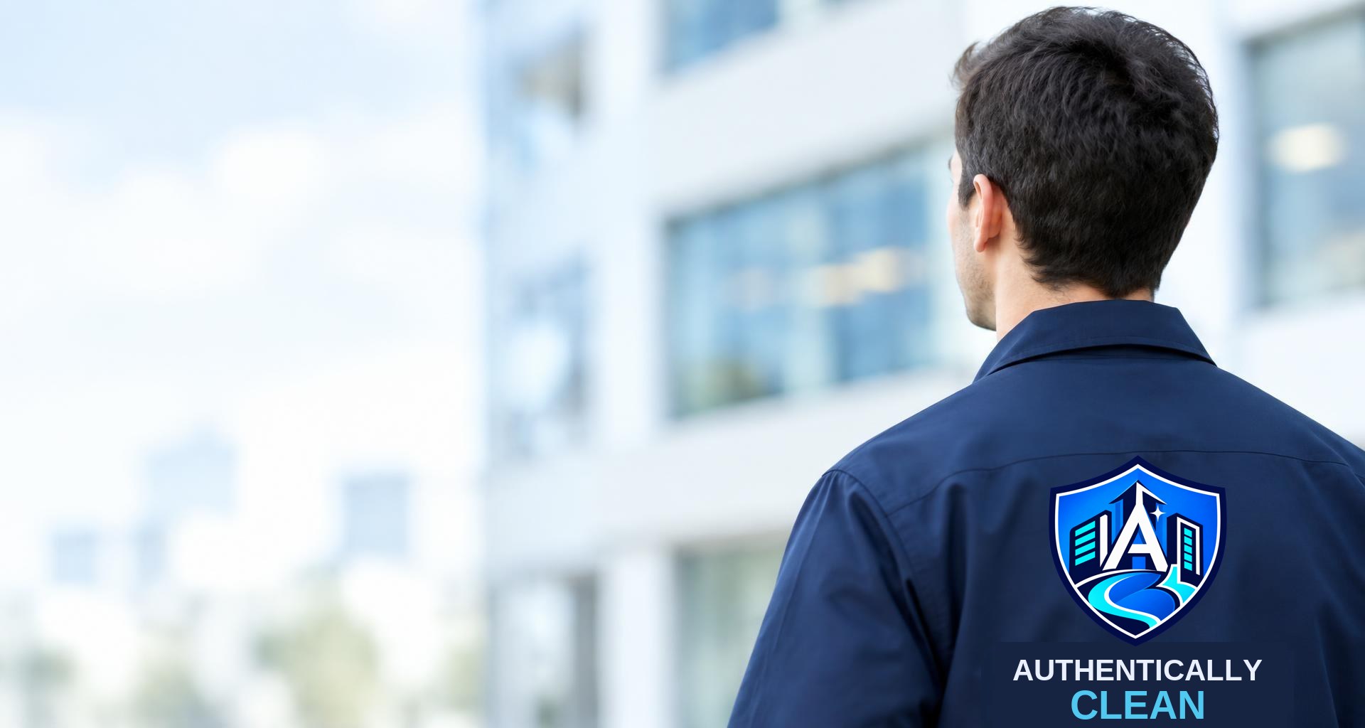 Illustrative cleaning-service uniform seen from behind