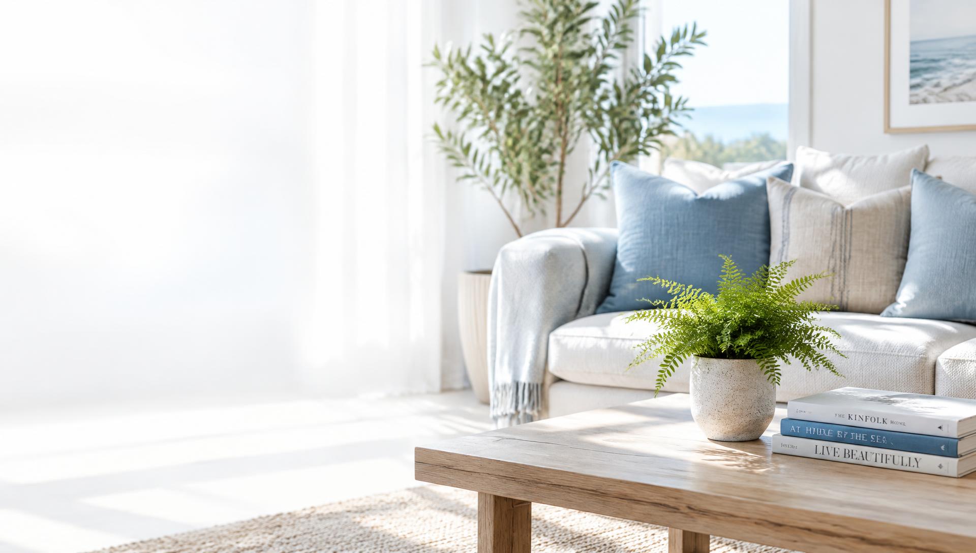 Bright living room with a white sofa, blue cushions, a plant and books on a wooden table