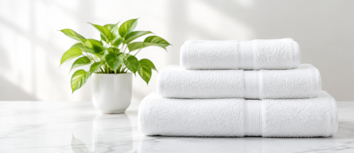Stack of fresh white towels beside a potted plant